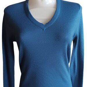 Medium Vintage Teal V-Neck Sweater Long-Sleeve Knit Wool/Acrylic 1980's Mom